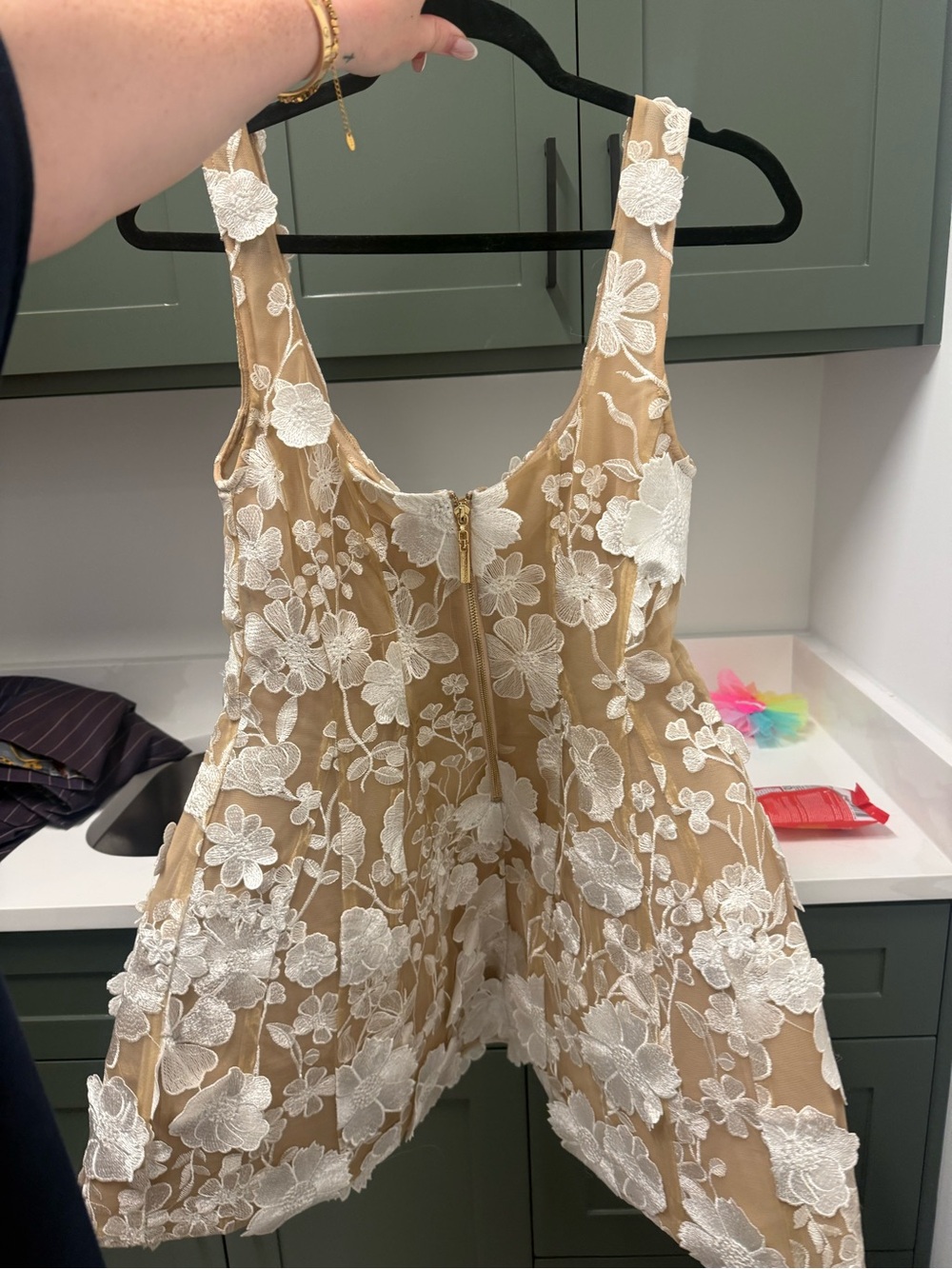 Bronx and Banco Nude Mini Dress with White Floral Appliqué Detail - Picture 3 of 5